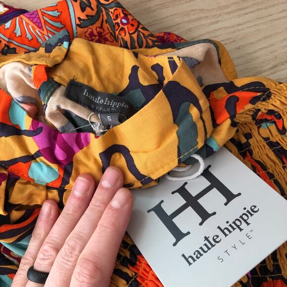 Haute Hippie Top‎ Small Yellow Tank Blouse Ruffle Halter Paisley Floral Boho - Picture 8 of 10